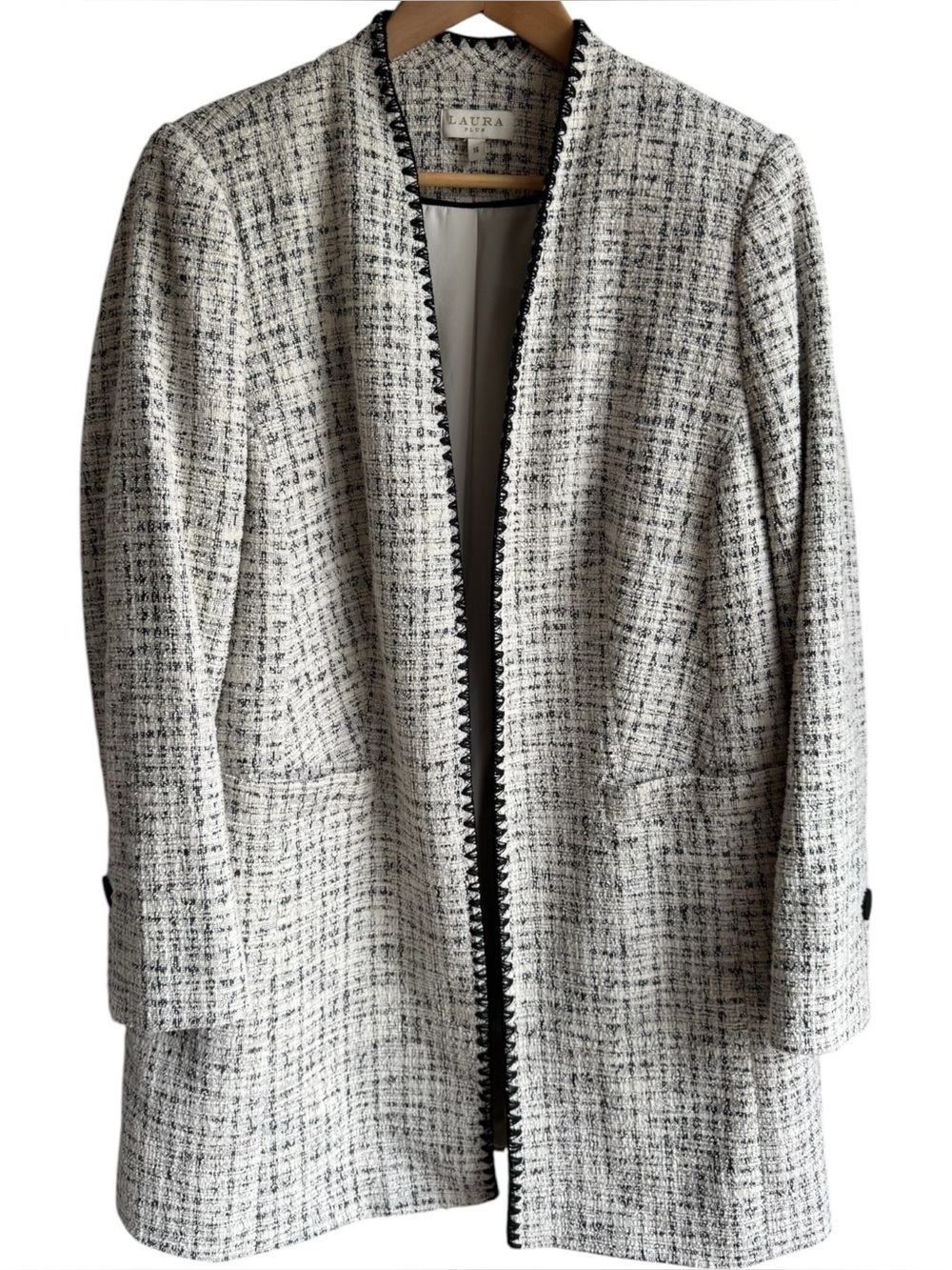 Laura Longline Boucle Blazer Jacket Sz 16 White Black Tweed Office Posh Classy